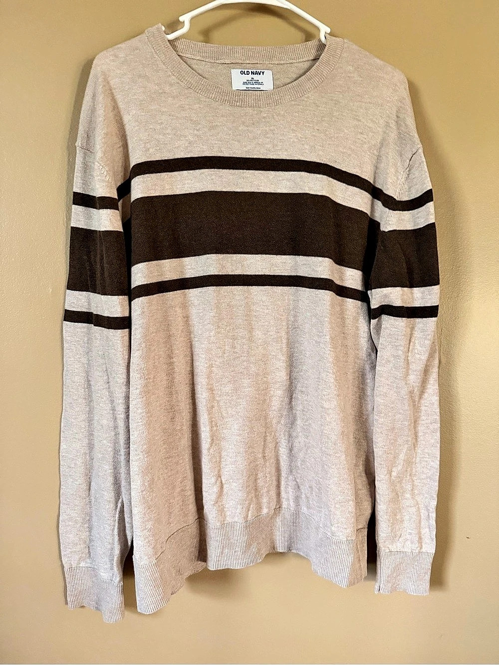 Old Navy Men’s Striped Knit Sweater XL Beige Brown Crew Neck